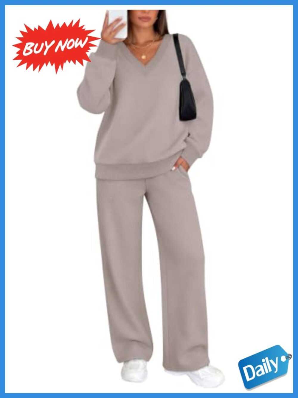 WIHOLL 2 Piece Sweatsuit Set Ribbed Knit V Neck Wide Leg Sweatpants Lounge